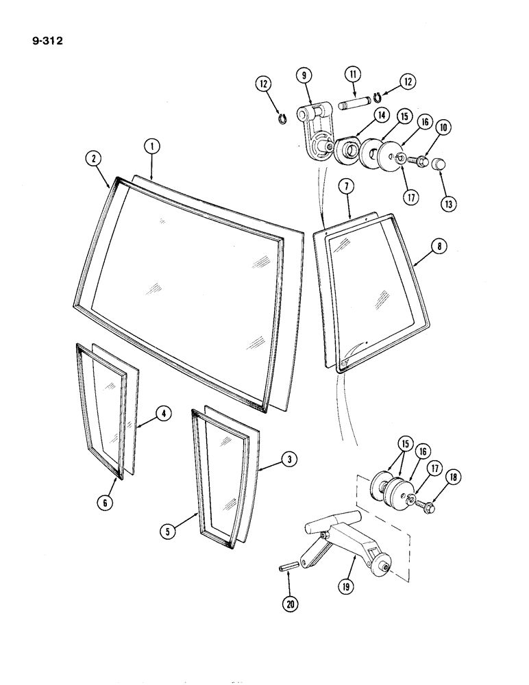 Схема запчастей Case IH 1194 - (9-312) - FRONT AND SIDE WINDOWS, TRACTORS WITH CAB (09) - CHASSIS/ATTACHMENTS