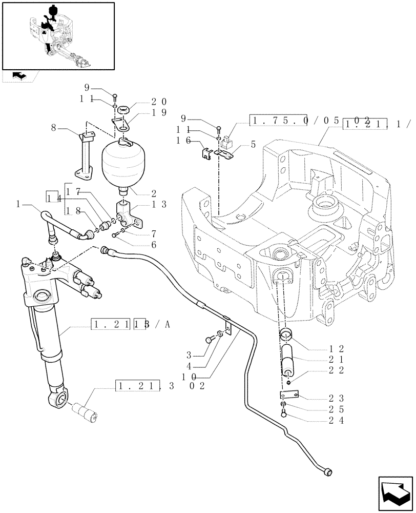 Схема запчастей Case IH PUMA 195 - (1.21.3[03]) - (VAR.212-463) FRONT AXLE WITH ACTIVE SUSPENSION - CYLINDER, ACCUMULATOR AND PIPES (03) - TRANSMISSION