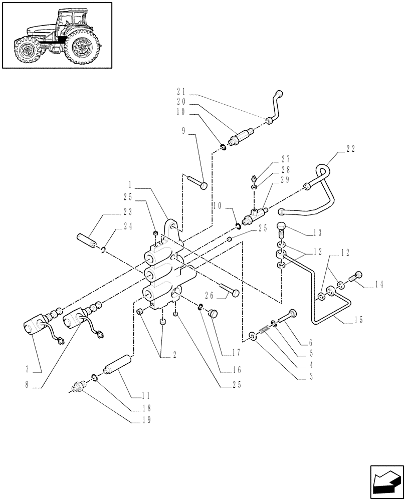 Схема запчастей Case IH JX1080U - (1.33.2/01[01A]) - IDLER CONTROLS 4WD - PIPES & SOLENOID VALVES - D5642 (04) - FRONT AXLE & STEERING