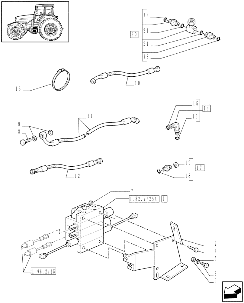 Схема запчастей Case IH MAXXUM 140 - (1.82.7/35[01A]) - THREE MID MOUNTED REMOTE VALVES - PIPES AND VALVE - D6432 (VAR.331562-332562) (07) - HYDRAULIC SYSTEM