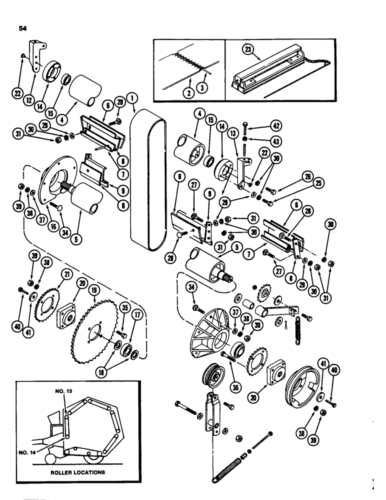 Схема запчастей Case IH 3640 - (54) - BELTS AND ROLLER ASSEMBLIES 13 AND 14 