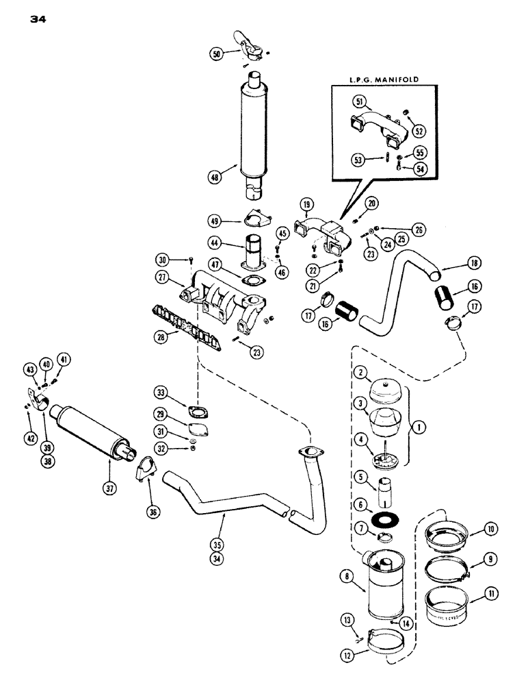 Схема запчастей Case IH 530 - (034) - AIR CLEANER, MANIFOLD, MUFFLER, 530, 159 SPARK IGNITION ENGINE (02) - ENGINE