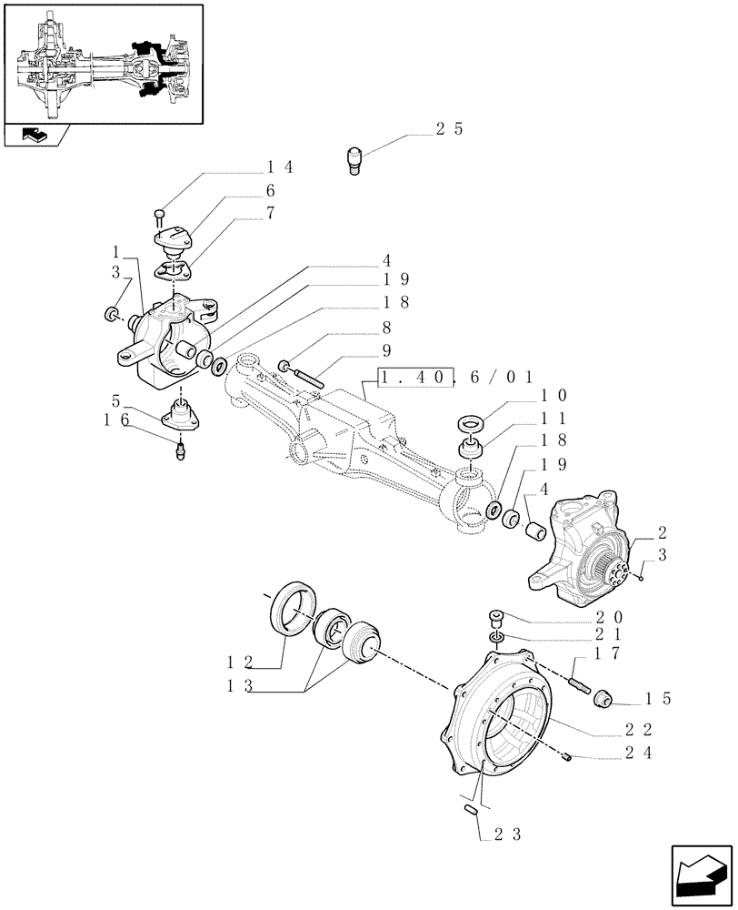 Схема запчастей Case IH MAXXUM 140 - (1.40.6/02[01]) - (CL.4) SUSPENDED FRONT AXLE W/MULTI-PLATE DIF. LOCK, ST. SENSOR AND BRAKES - STEERING AXLES AND HUBS (VAR.330430) (04) - FRONT AXLE & STEERING