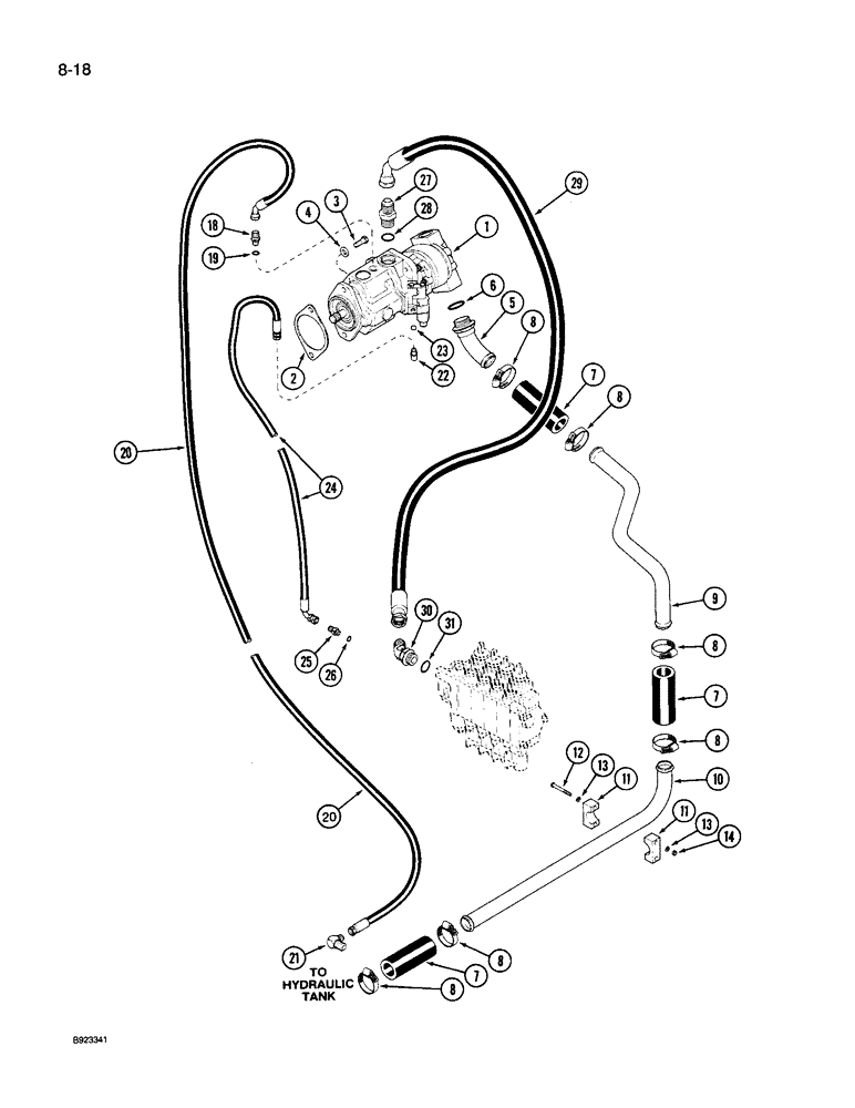 Схема запчастей Case IH 9250 - (8-018) - HYDRAULIC SYSTEM, PUMP TO RESERVOIR, P.I.N. JCB0028400 AND AFTER (08) - HYDRAULICS