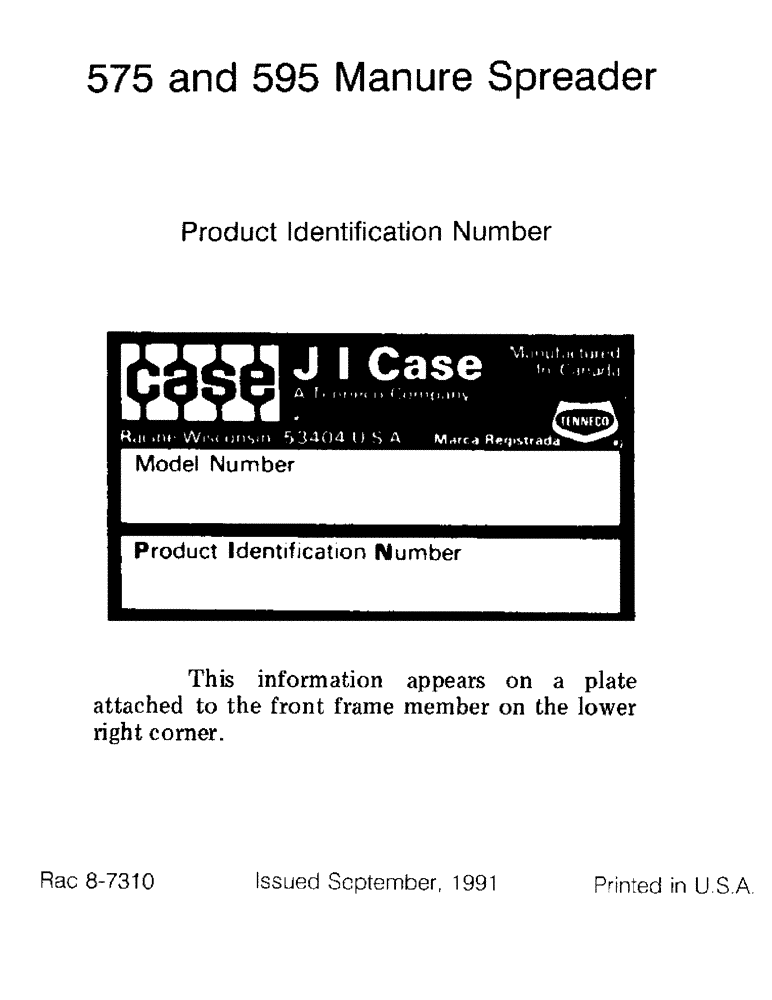 Схема запчастей Case IH 575 - (1-02) - PRODUCT IDENTIFICATION NUMBER (00) - PICTORIAL INDEX