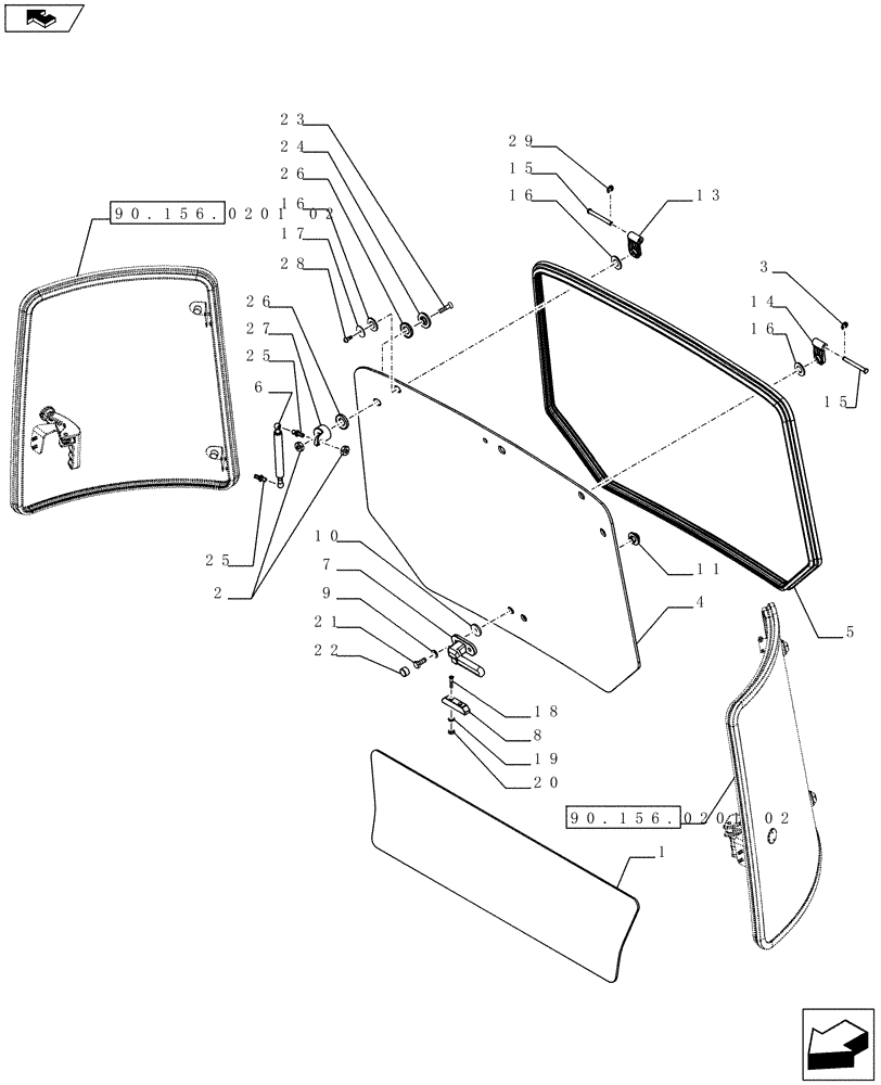 Схема запчастей Case IH FARMALL 75C - (90.156.0201[01]) - CAB WITH OPENABLE SIDLE GLASSES - REAR GLASSES (VAR.332606-337606 / 743573; VAR.331606-336606-339606) (90) - PLATFORM, CAB, BODYWORK AND DECALS