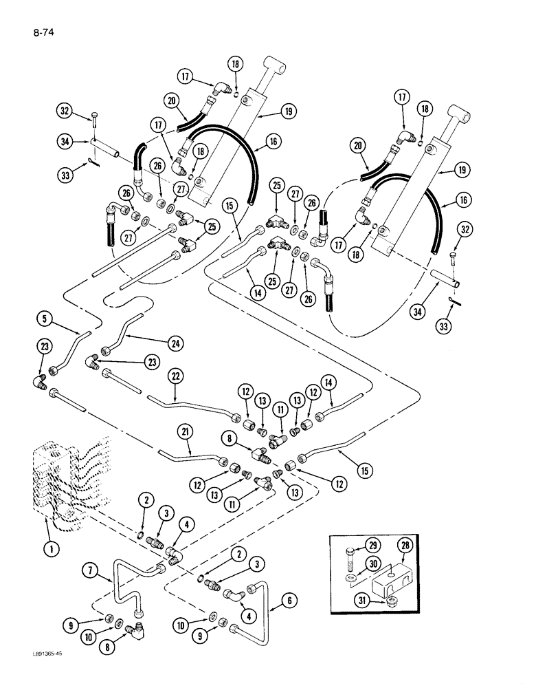 Схема запчастей Case IH 1844 - (8-74) - BASKET DOOR CYLINDER SYSTEM (07) - HYDRAULICS