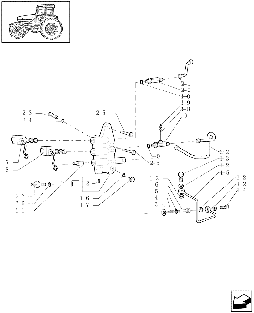 Схема запчастей Case IH JX1090U - (1.33.2/01[01]) - IDLER CONTROLS - 4WD - PIPES & SOLENOID VALVES- C5642 (04) - FRONT AXLE & STEERING