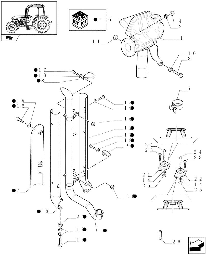 Схема запчастей Case IH FARMALL 65C - (1.15.1/04) - "A" PILLAR TYPE VERTICAL EXHAUST WITH GUARD SHIELD FOR FRONT LOADER READY (VAR.333466) (02) - ENGINE EQUIPMENT