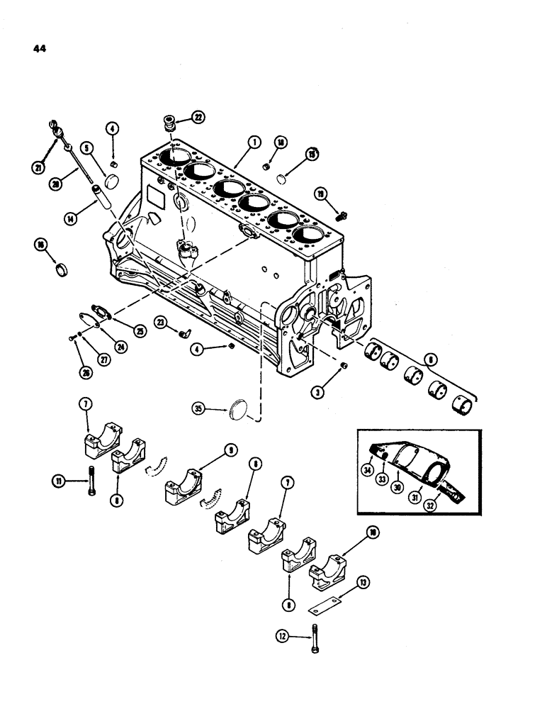 Схема запчастей Case IH 970 - (044) - CYLINDER BLOCK ASSEMBLY, (401B) DIESEL ENGINE, USED PRIOR TO ENGINE SERIAL NUMBER 2556833 (02) - ENGINE