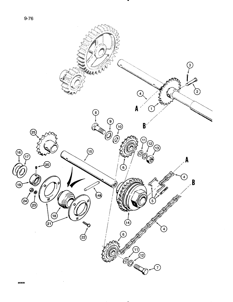 Схема запчастей Case IH 8500 - (9-076) - FERTILIZER DRIVE PARTS, MAIN DRIVE TO FERTILIZER JACKSHAFT (09) - CHASSIS/ATTACHMENTS