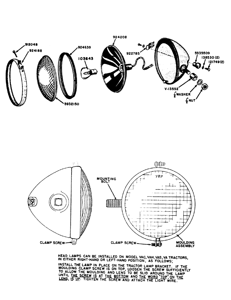 Схема запчастей Case IH VA-SERIES - (045) - VTA3026 HEAD LAMP PARTS, INSTRUCTIONS FOR HEAD LAMP INSTALLATION (04) - ELECTRICAL SYSTEMS