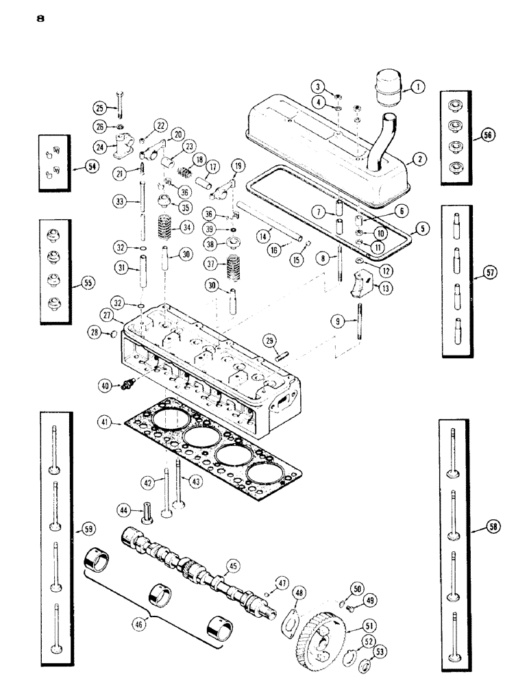 Схема запчастей Case IH 430 - (008) - CYLINDER HEAD ASSEMBLY, 430 SERIES, 148 B SPARK IGNITION ENGINE (02) - ENGINE