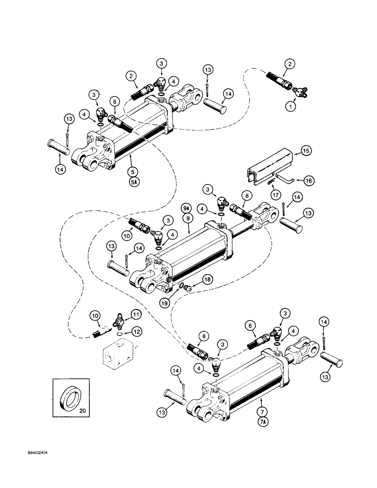 Схема запчастей Case IH 8500 - (8-46) - GAUGE WHEEL LINES, LEFT HAND GAUGE WHEEL CYLINDERS, W/ MIDWAY TIE ROD TYPE CYLINDERS, 33 WIDE DRILL (08) - HYDRAULICS