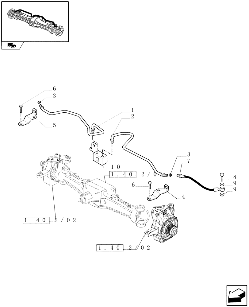 Схема запчастей Case IH FARMALL 95U - (1.40.2/14[02]) - FRONT AXLE WITH DIFFERENTIAL LOCK AND BRAKES - PIPES (VAR.330415) (04) - FRONT AXLE & STEERING