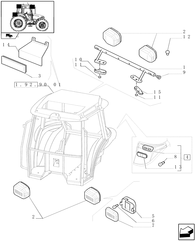 Схема запчастей Case IH FARMALL 60 - (1.92.76) - NA PACKAGE - WORKING LIGHTS - W/CAB (VAR.330007) (10) - OPERATORS PLATFORM/CAB