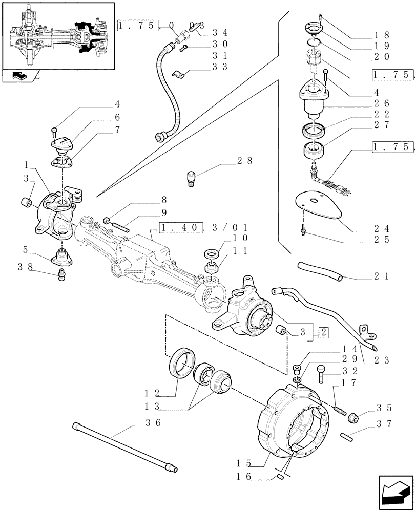 Схема запчастей Case IH PUMA 140 - (1.40.3/02) - (CL.3) SUSPENDED FRONT AXLE WITH HYDR. DIF. LOCK, ST. SENSOR AND BRAKES - STEERING AXLES AND HUBS (VAR.330427) (04) - FRONT AXLE & STEERING