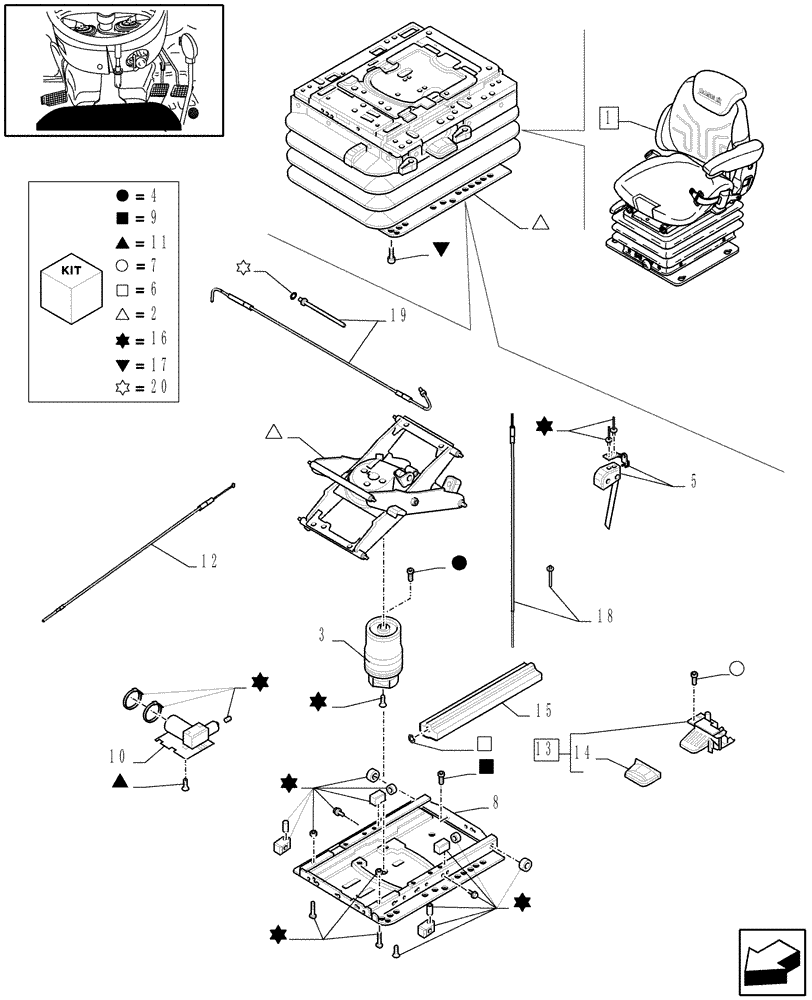 Схема запчастей Case IH MAXXUM 140 - (1.93.3/ Q[05]) - DELUXE SEAT WITH LOW FREQUENCY AIR SUSPENSION, HEATED CUSHIONS AND BELT - BREAKDOWN (VAR.330709) (10) - OPERATORS PLATFORM/CAB