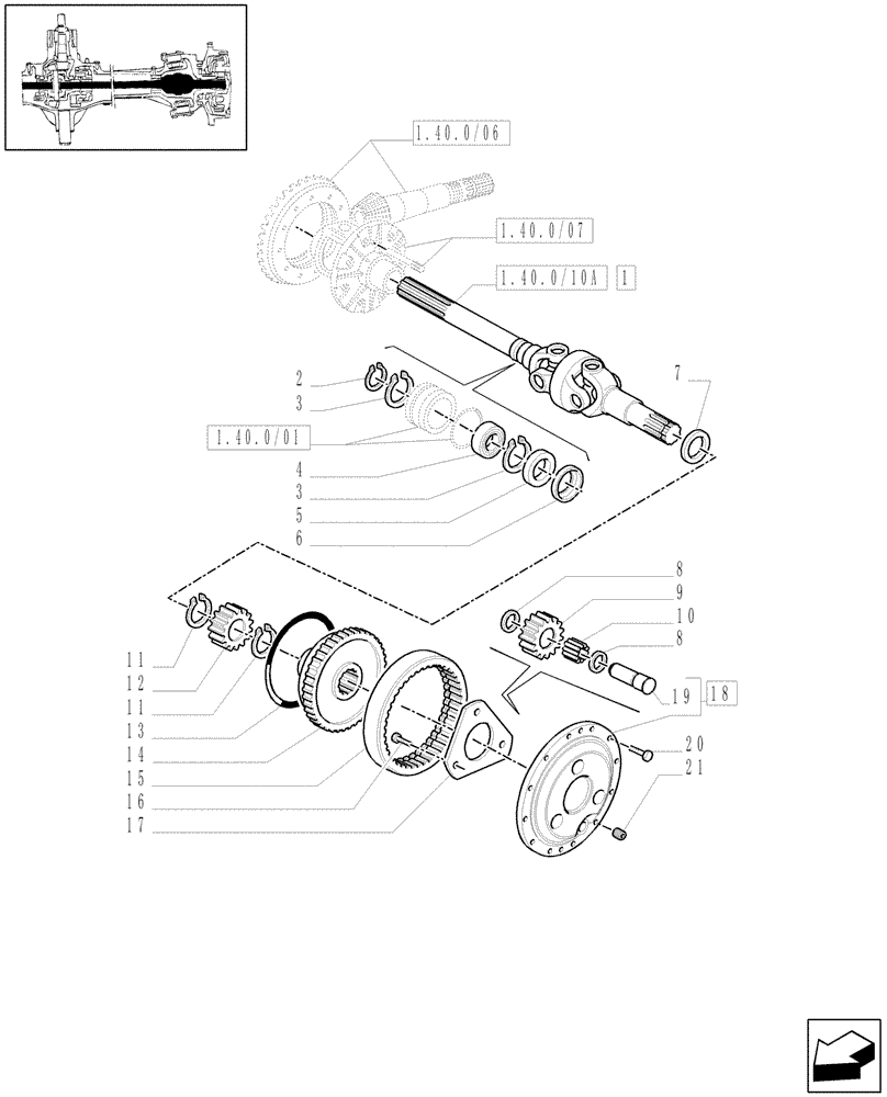 Схема запчастей Case IH MXU110 - (1.40.0/10[01]) - 4WD CL.2 FRONT AXLE - DIFFERENTIAL GEARS AND DIFFERENTIAL SHAFT (04) - FRONT AXLE & STEERING