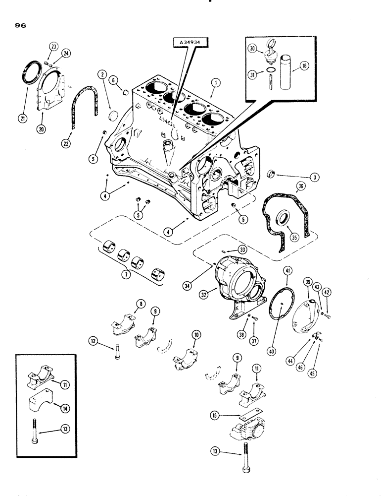 Схема запчастей Case IH 830-SERIES - (096) - CYLINDER BLOCK ASSEMBLY, MODEL 830, 284 SPARK IGNITION ENGINE, CASTING NO. A34932 AND A34934 (02) - ENGINE