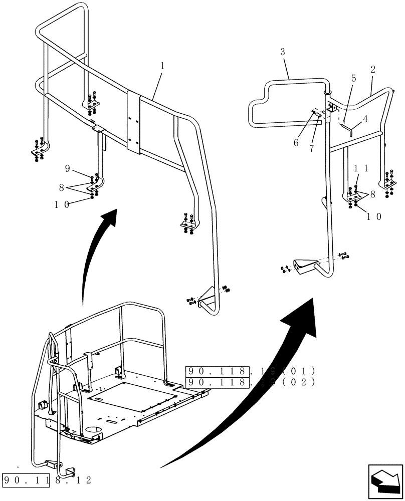 Схема запчастей Case IH 9010 - (90.118.21[02]) - REAR DECK HANDRAILS (90) - PLATFORM, CAB, BODYWORK AND DECALS