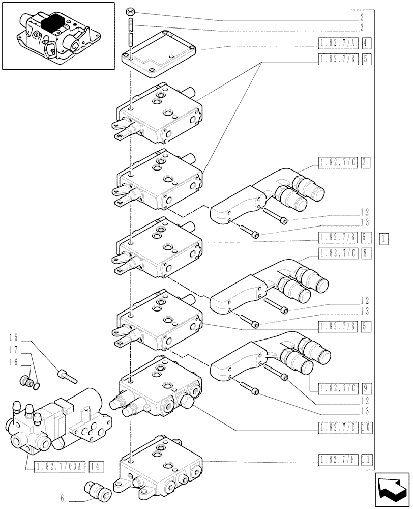 Схема запчастей Case IH MXU110 - (1.82.7/14[02]) - (VAR.259/2) 4 CCLS (EDC) CONTROL VALVES WITH TRAILER BRAKE VALVE (ITALY) AND ASSOCIATED PARTS (07) - HYDRAULIC SYSTEM