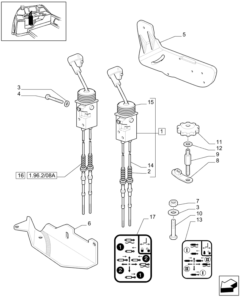 Схема запчастей Case IH MAXXUM 100 - (1.96.2/08[01]) - MECHANICAL JOYSTICK GOVERNING 2 CONTROL VALVES (VAR.332782) (10) - OPERATORS PLATFORM/CAB