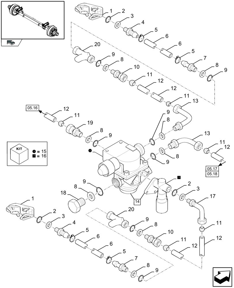 Схема запчастей Case IH LBX322S - (05.15[01]) - PNEUMATIC BRAKES, BRAKE VALVE (05) - AXLE