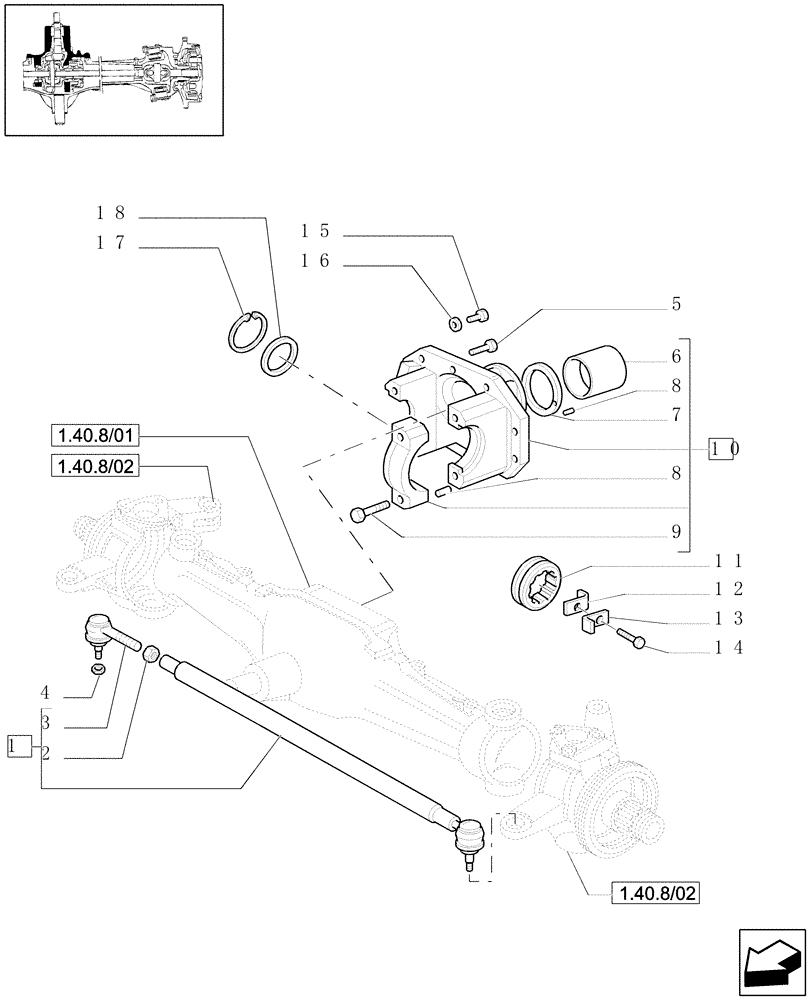 Схема запчастей Case IH JX1080U - (1.40. 8/03[01]) - (VAR.415) FRONT AXLE CL. 2/BRAKE, FRONT MUDGARD HYDR. DIFF. LOCK. HYDR. TRANSM. - STEERING TIE-ROD (04) - FRONT AXLE & STEERING