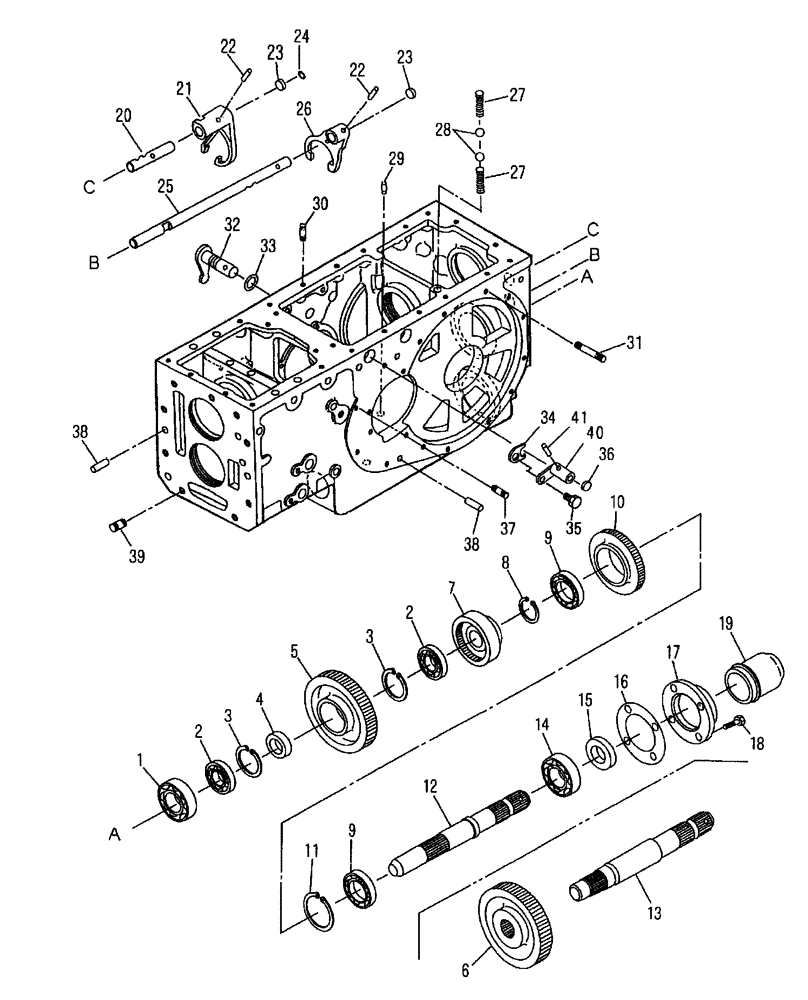 Схема запчастей Case IH DX45 - (03.14) - REAR TRANSMISSION PTO DRIVE, LOWER (03) - TRANSMISSION