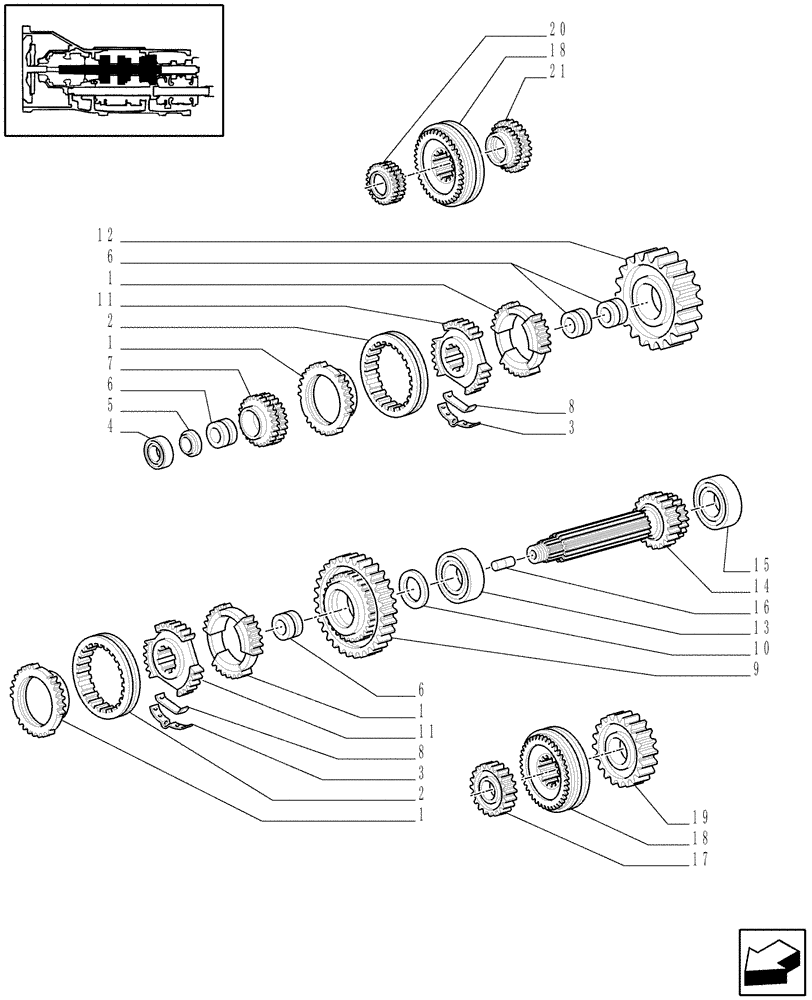 Схема запчастей Case IH JX60 - (1.28.1/01[04]) - (VAR.113-115) 20X12 TRANSMISSION WITH SYNCHRO SHUTTLE AND CREEPER - SHAFTS AND GEARS (03) - TRANSMISSION