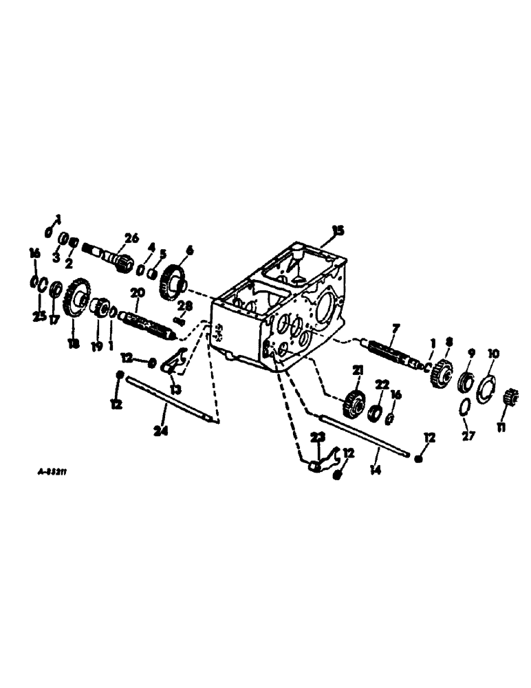 Схема запчастей Case IH 95 - (07-03) - DRIVE TRAIN, TRANS., TRANS. MAIN SHAFT, INPUT DRIVE SHAFT, INPUT PINION SHAFT, SHIFTER RAILS & FORKS Drive Train