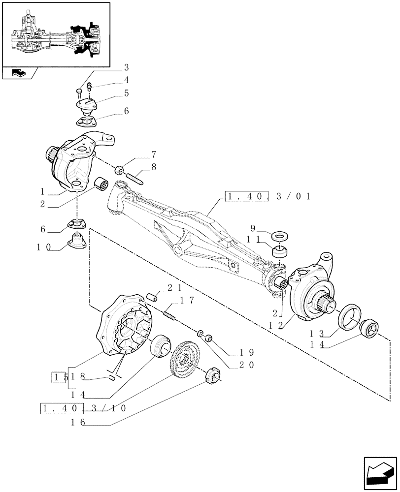 Схема запчастей Case IH FARMALL 105U - (1.40.3/02) - FRONT AXLE W/LIMITED SLIP DIFF - STEERING KNUCKLE AND HUBS (VAR.330323) (04) - FRONT AXLE & STEERING