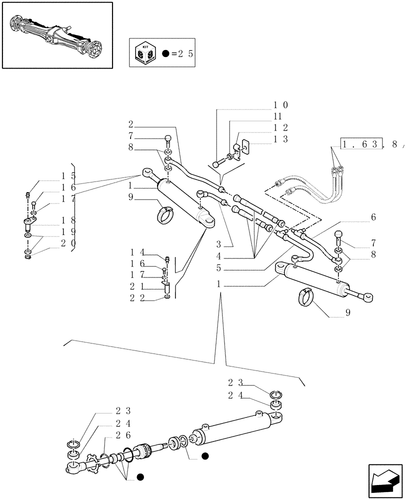 Схема запчастей Case IH JX70U - (1.40.0/122) - (VAR.304-304/1) FRONT AXLE WITH 2 HYDR. LOCKING CYLINDERS 30-40 KM/H - POWER STEERING CYLINDERS (04) - FRONT AXLE & STEERING