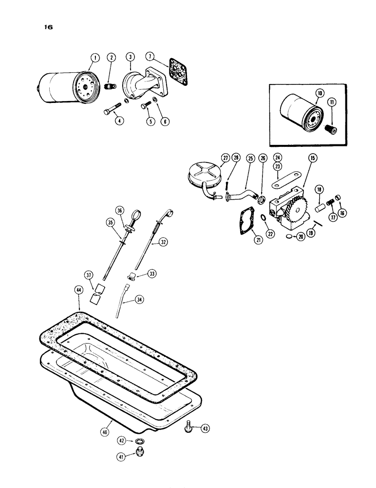 Схема запчастей Case IH 430 - (016) - OIL FILTER, BRACKET MOUNTED, FLANGE MOUNTED AND OIL PUMP, 430 SERIES,148 B SPARK IGNITION ENGINE (02) - ENGINE