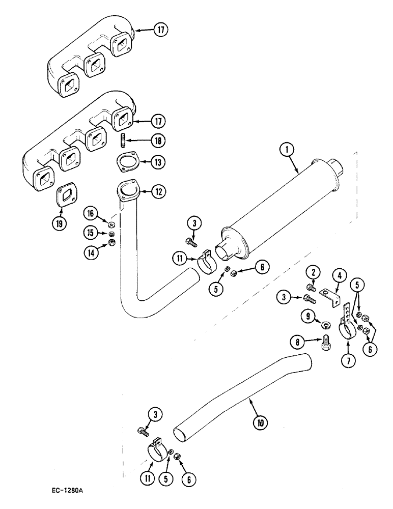 Схема запчастей Case IH 248 - (2-136) - UNDERSLUNG EXHAUST AND MANIFOLD, 248, 258, 385, 485: 180001-; 585: 1800- (02) - ENGINE