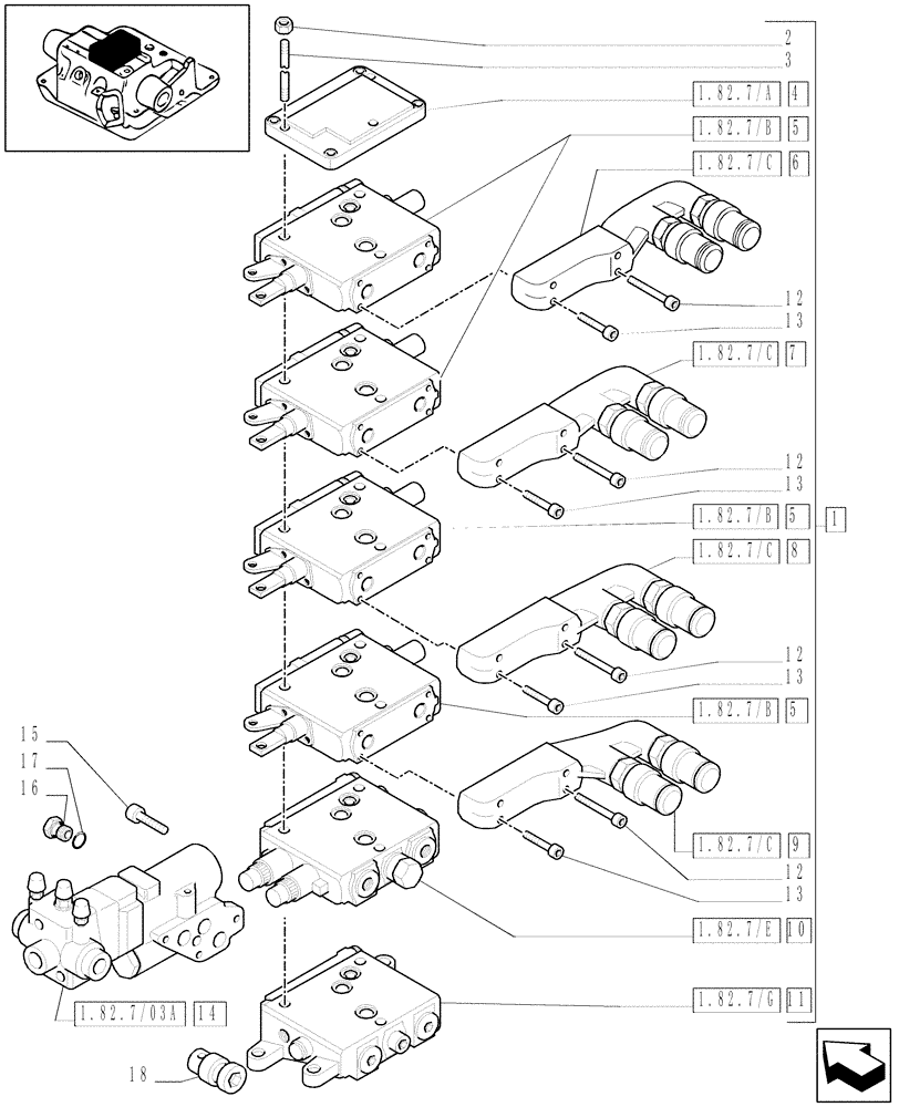 Схема запчастей Case IH MXU125 - (1.82.7/22[02]) - (VAR.354/1) 4 (EDC) CONTROL VALVES WITH TRAILER BRAKE VALVE (ITALY) AND ASSOCIATED PARTS (07) - HYDRAULIC SYSTEM