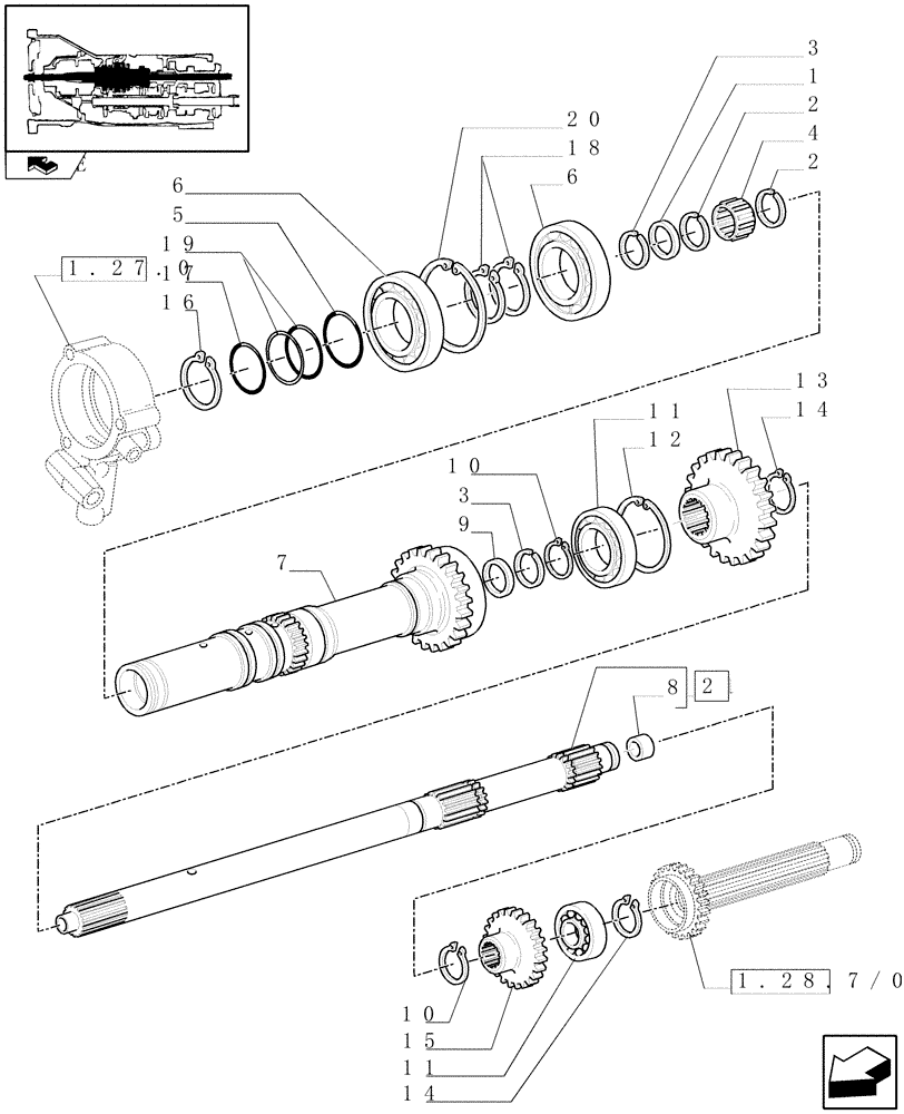 Схема запчастей Case IH FARMALL 95U - (1.28.1/03[01]) - 24X24 HI-LO POWER SHUTTLE TRANSMISSION - REVERSER MAIN SHAFTS AND GEARS (VAR.330279-331279-332279) (03) - TRANSMISSION