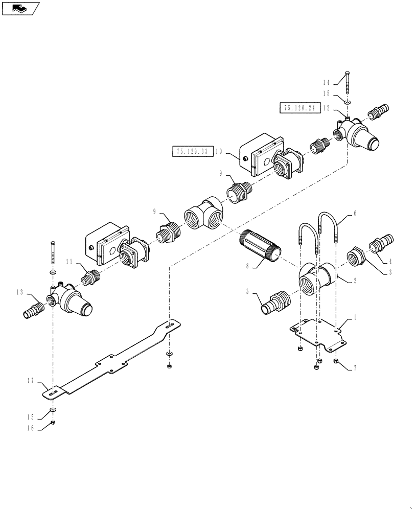 Схема запчастей Case IH 3330 - (75.120.35) - VALVE PLUMBING GROUP, 6 SECTION, INNER BOOM, 2 STRAINER (75) - SOIL PREPARATION