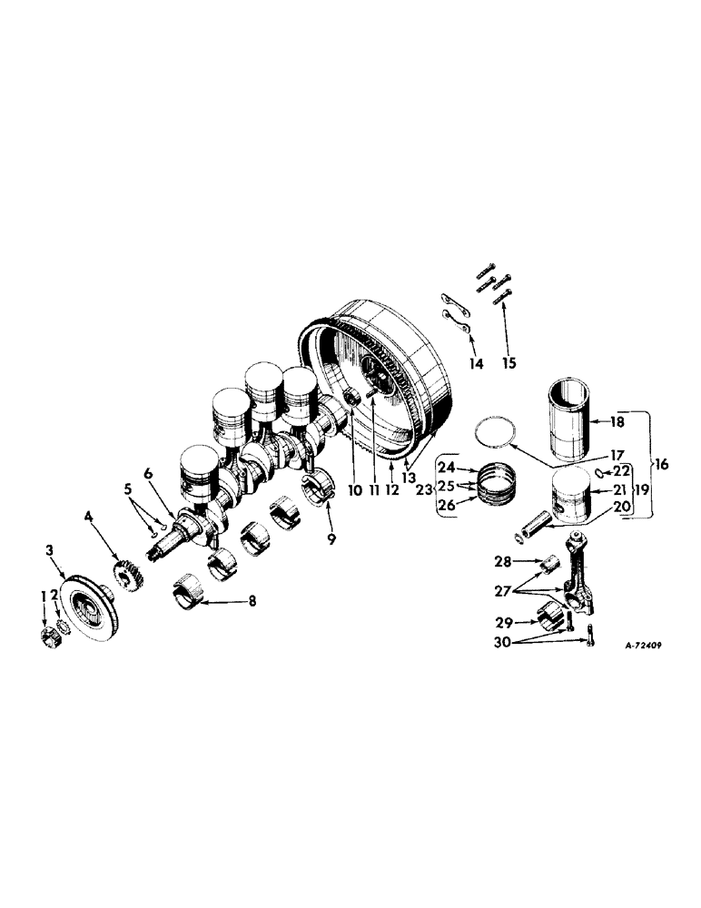 Схема запчастей Case IH B414 - (017) - CARBURETED ENGINE, CRANKSHAFT, FLYWHEEL, CONNECTING RODS AND PISTON (01) - ENGINE