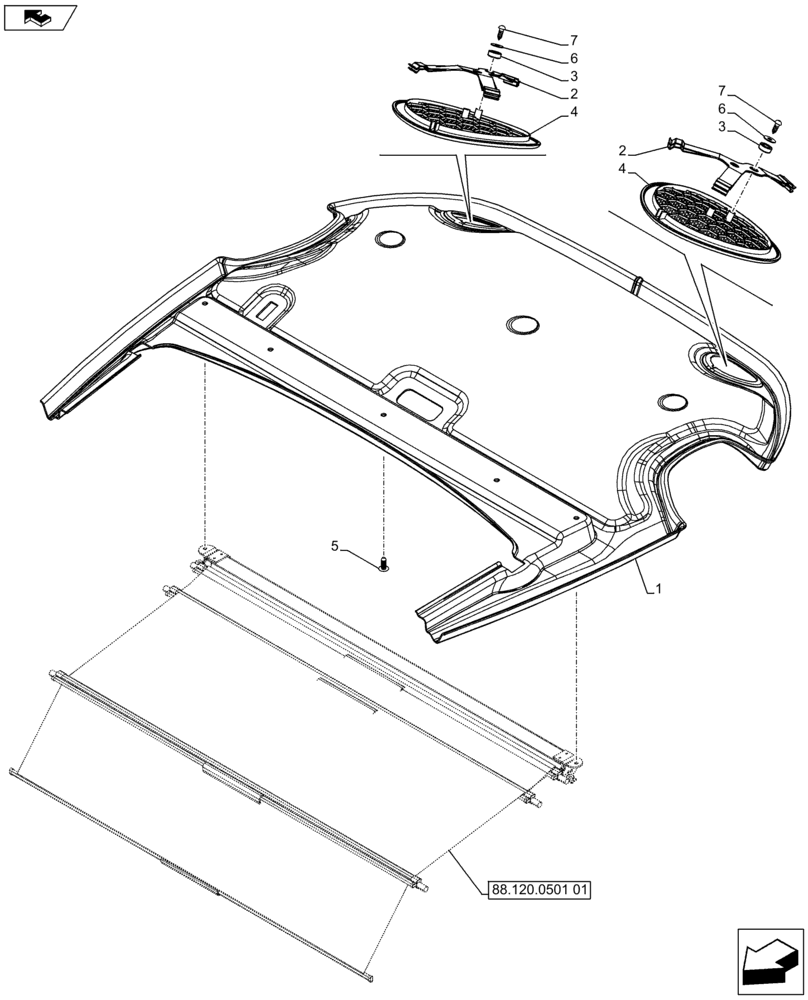 Схема запчастей Case IH FARMALL 65C - (90.160.0301[01]) - CAB WITH HIGH VISIBILITY PANEL - HEADLINER (VAR.333606 / 743574; VAR.336606-339606) - END YR 05-DEC-2012 (90) - PLATFORM, CAB, BODYWORK AND DECALS