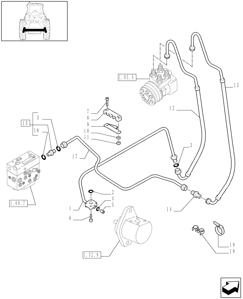 Схема запчастей Case IH MAXXUM 110 - (1.42.0[03A]) - POWER STEERING DELIVERY AND RETURN PIPES FOR 12X12 TRANSMISSION - D6533 (04) - FRONT AXLE & STEERING