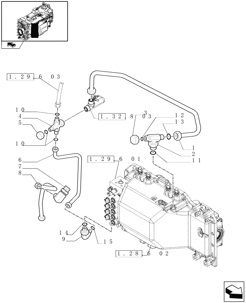 Схема запчастей Case IH PUMA 225 - (1.29.6[02]) - HYDRAULIC TRASMISSION CONTROL - PIPES (03) - TRANSMISSION