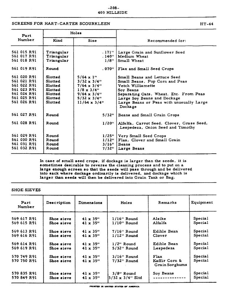 Схема запчастей Case IH 403 - (208) - SCREENS FOR HART-CARTER SCOURKLEEN, SHOE SIEVES (74) - CLEANING
