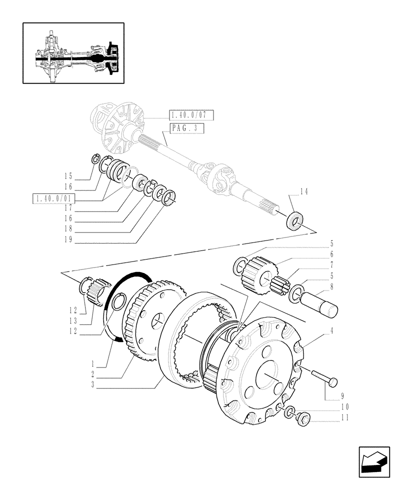 Схема запчастей Case IH JX100U - (1.40.0/10[04]) - FRONT AXLE - DIFFERENTIAL GEARS AND SHAFT - 4WD - EPICYCLIC REDUCTION GEAR - C4998 (04) - FRONT AXLE & STEERING