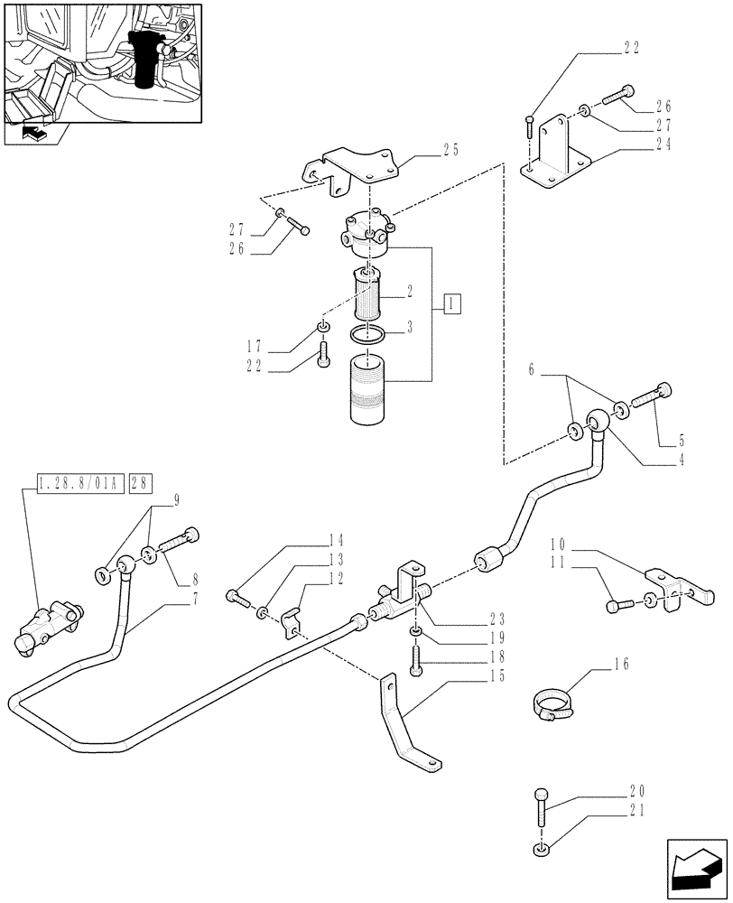 Схема запчастей Case IH FARMALL 95N - (1.28.8/02[01]) - GEARBOX LUBRIFICATION PIPES AND OIL FILTER (03) - TRANSMISSION