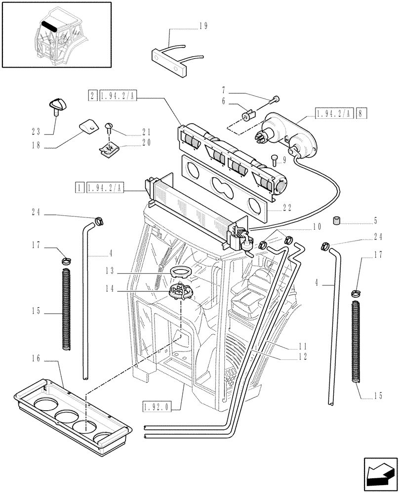 Схема запчастей Case IH JX90U - (1.94.2[01]) - CAB - HEATING, PARTS (10) - OPERATORS PLATFORM/CAB