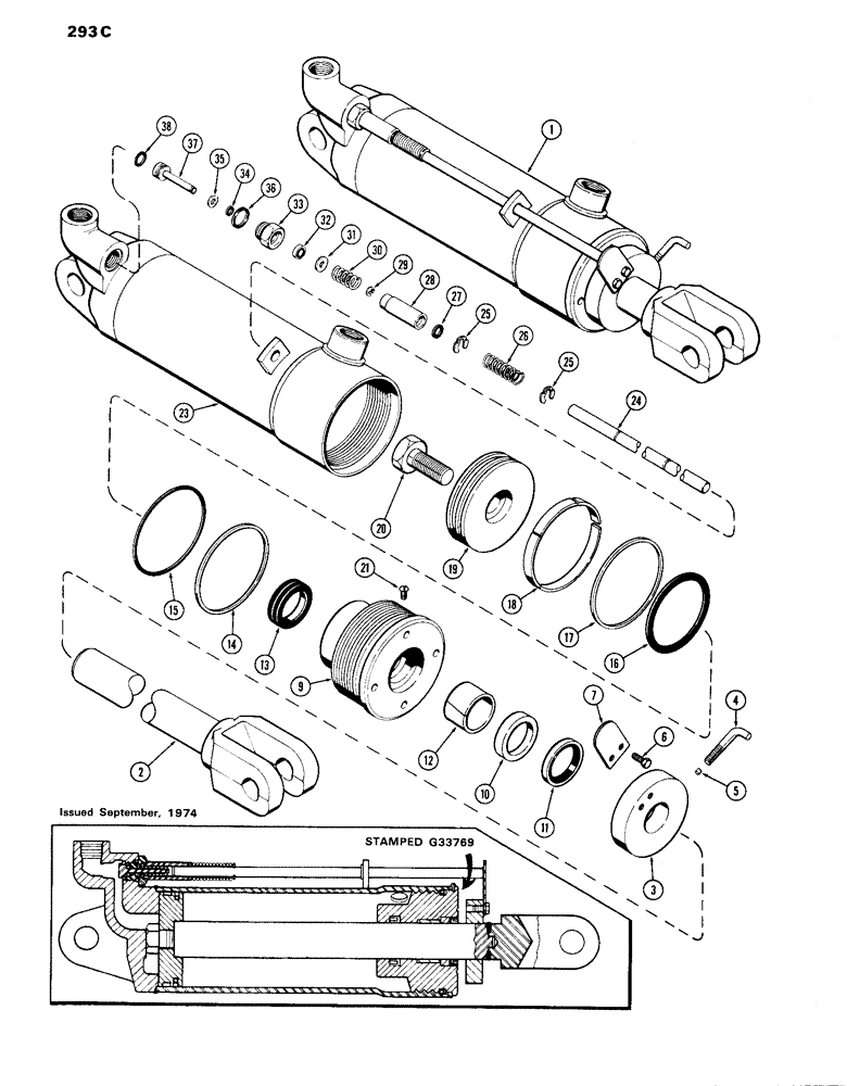 Схема запчастей Case IH 870 - (293C) - G33769 REMOTE HYDRAULIC CYLINDER, 4 INCH BORE X 8 INCH STROKE, GLAND WITH CENTER BEARING (08) - HYDRAULICS