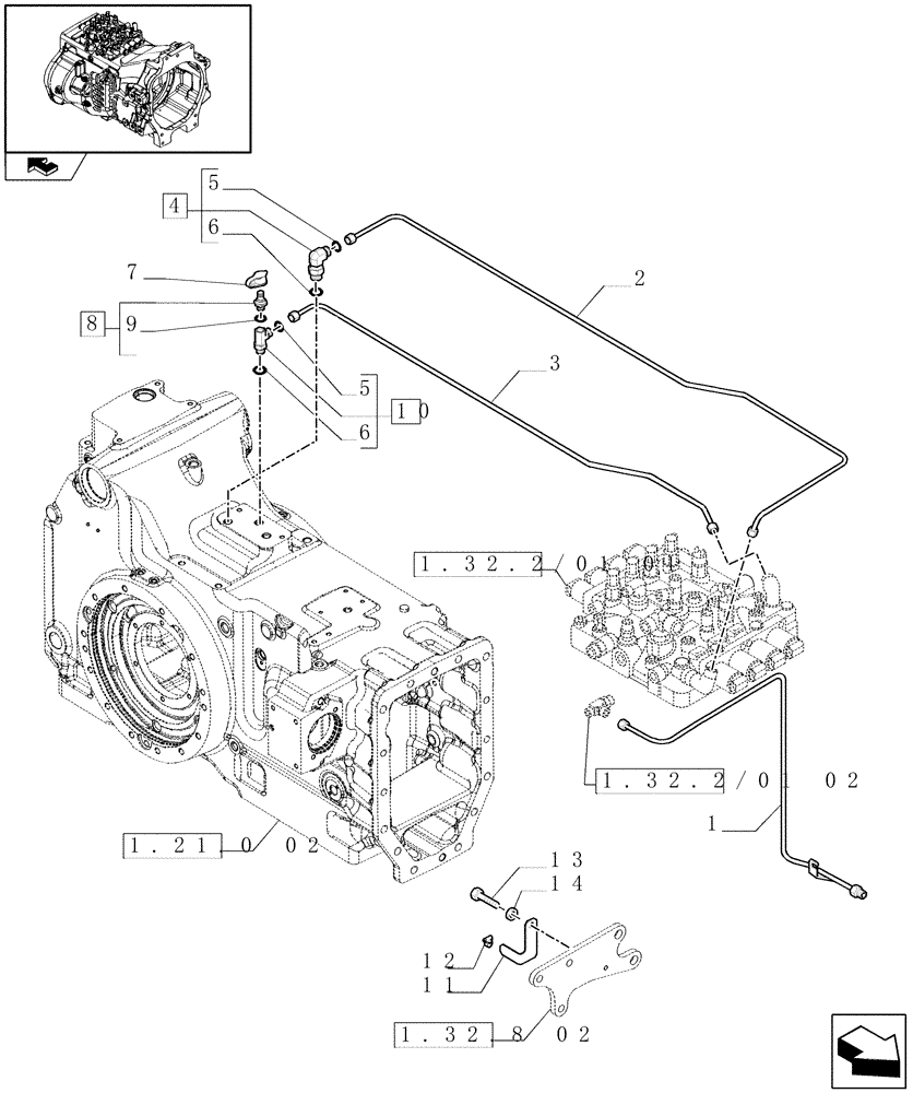 Схема запчастей Case IH PUMA 155 - (1.29.6/01[04]) - FULL POWER-SHIFT TRANS. 18X6 AND 19X6 - LOW PRESSURE GEARBOX CONTROL PIPES (VAR.330285) (03) - TRANSMISSION