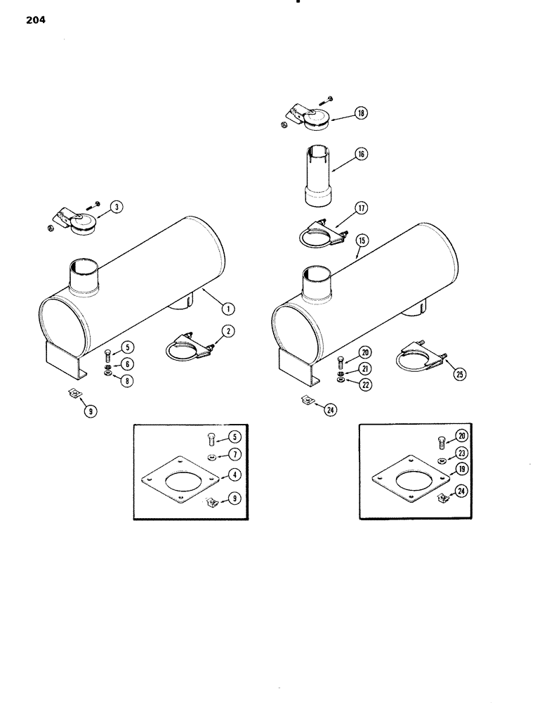 Схема запчастей Case IH 451BD - (204) - EXHAUST SYSTEM, MUFFLER, HORIZONTAL, WITH RAIN CAP, ENCLOSED UNIT ONLY WITH 3-1/2 INCH INLET, F (02) - ENGINE